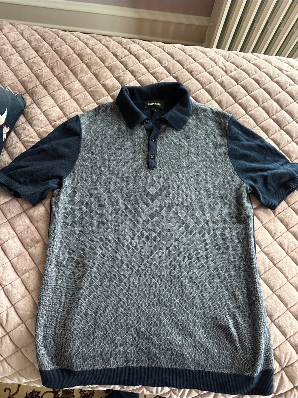 Express Men’s Navy Collar Polo with Gray Diamond Front